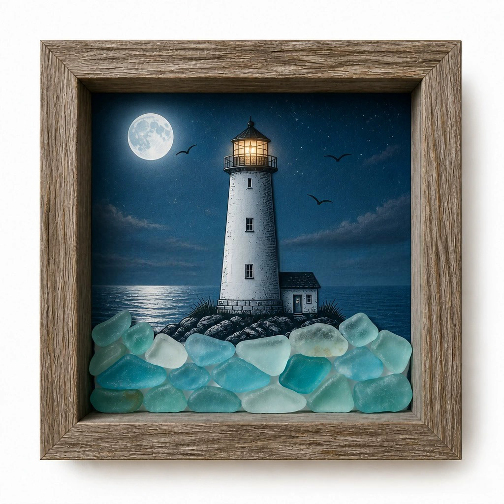 đ„đCoastal Lighthouse Sea Glass Shadow Box Night Light