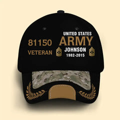 Personalisierte US Army Airforce Navy Veteranenrang Gold Benutzerdefinierte ID, Name & Dienstzeitmütze 3D gedruckt
