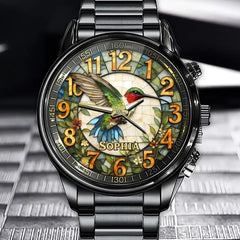 Personalized Stained Glass Print Design Watch Featuring Hummingbird, Rooster, Dragonfly, Butterfly, Woodpecker and Turtle