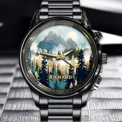 Golden Forest Serenity Watch – Personalized Name on Artistic Scenic Dial