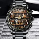 Personalized Vintage Cat and Bookshelf Watch - Add Your Name for a Unique and Cozy Touch