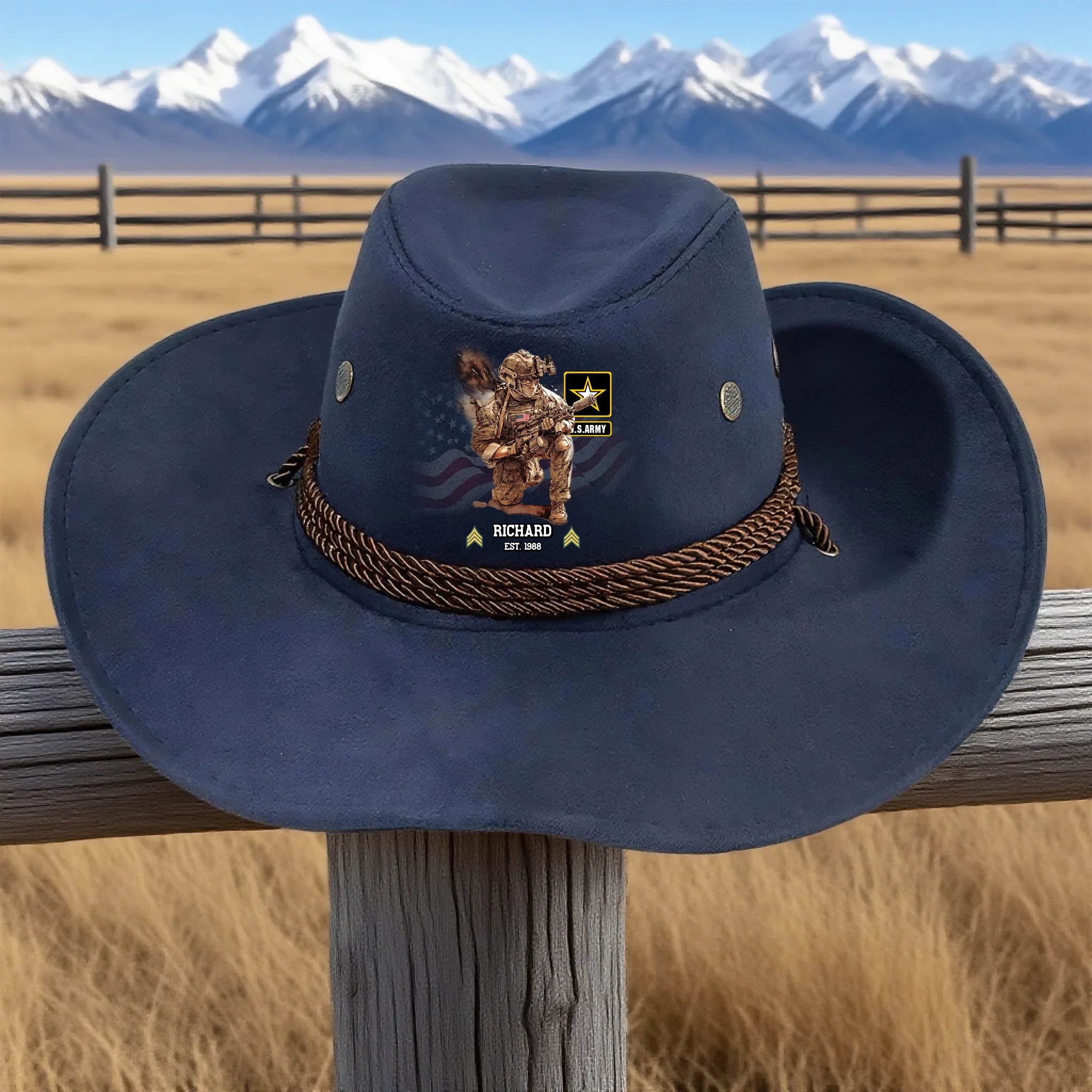 jimeng-2025-06-27-9526-把背景的美国国旗换成雪山枯草地背景,挂到一个栅栏上