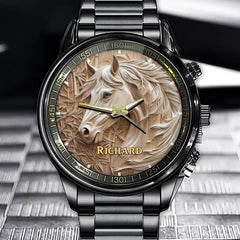 Customizable Horse Watch Featuring Your Name on the Graceful Wooden Dial for Horse Lovers
