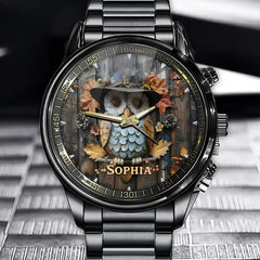 Personalized Owl Watch for Women – Custom Name Rustic Forest Animal Dial