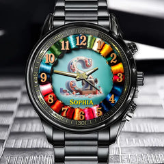 Personalized Alphabet Sewing Watch – Custom Letter & Name, Colorful Spool Design