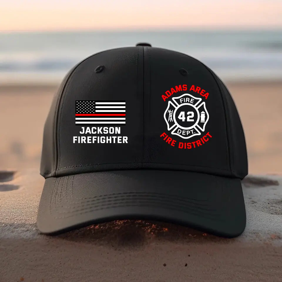 Personalisierte US-Feuerwehrflagge, benutzerdefinierter Name, Abteilung und Ausweis, schwarze Kappe bedruckt