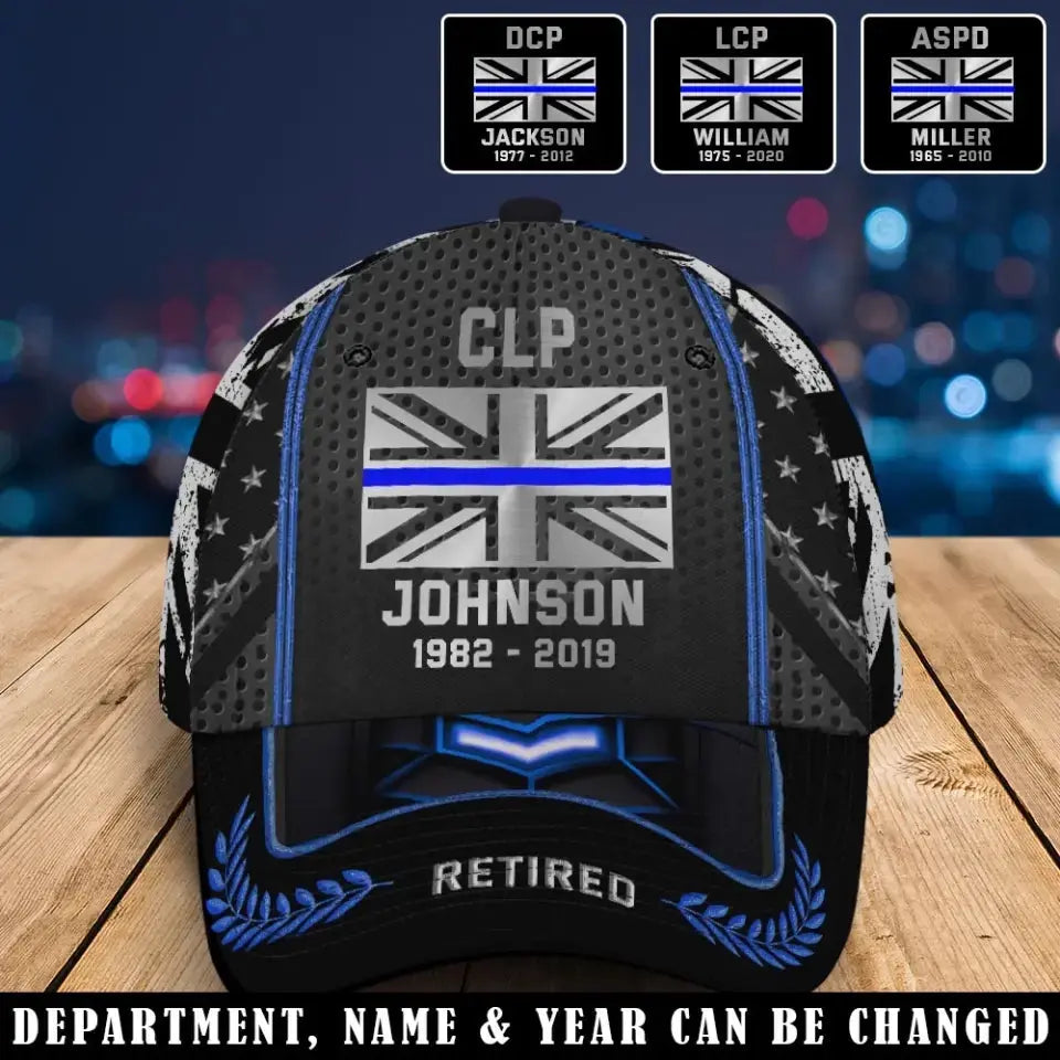 Casquette personnalisée avec nom et département de la police britannique à la retraite