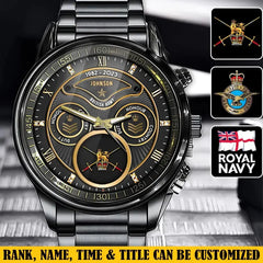 Montre en or personnalisée avec insigne militaire et grade de vétéran britannique avec nom et dates de service personnalisés