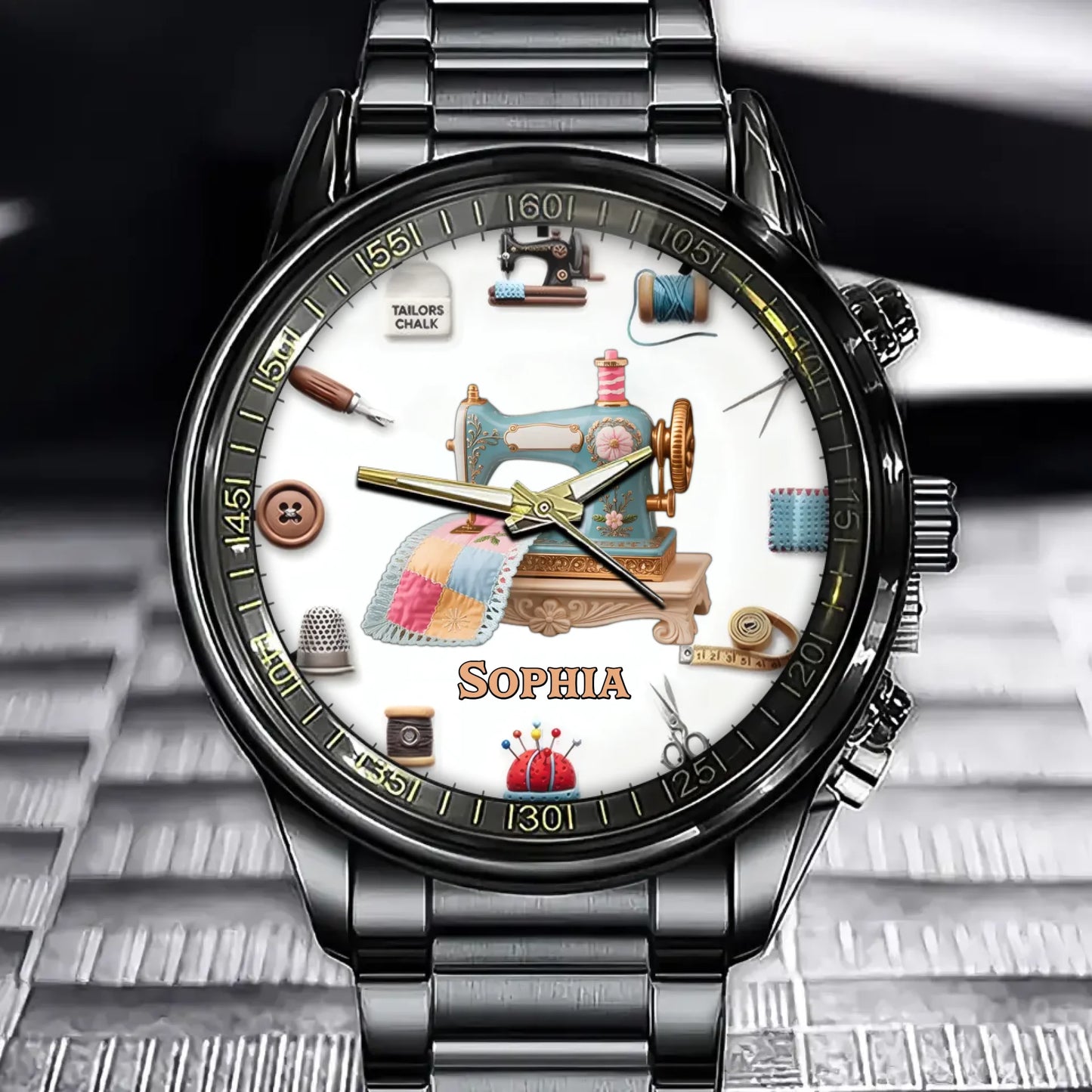 Personalized Vintage Sewing Machine Watch, Customizable Element for Sewists