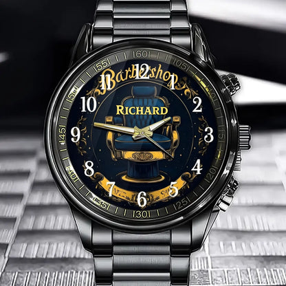 Personalized Barbershop Style Watch - Vintage Chair Design And Custom Name Personalization