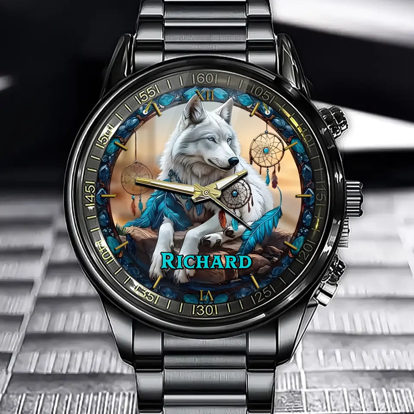Turquoise Wolf Tribal Legend - Personalized Native American Watch
