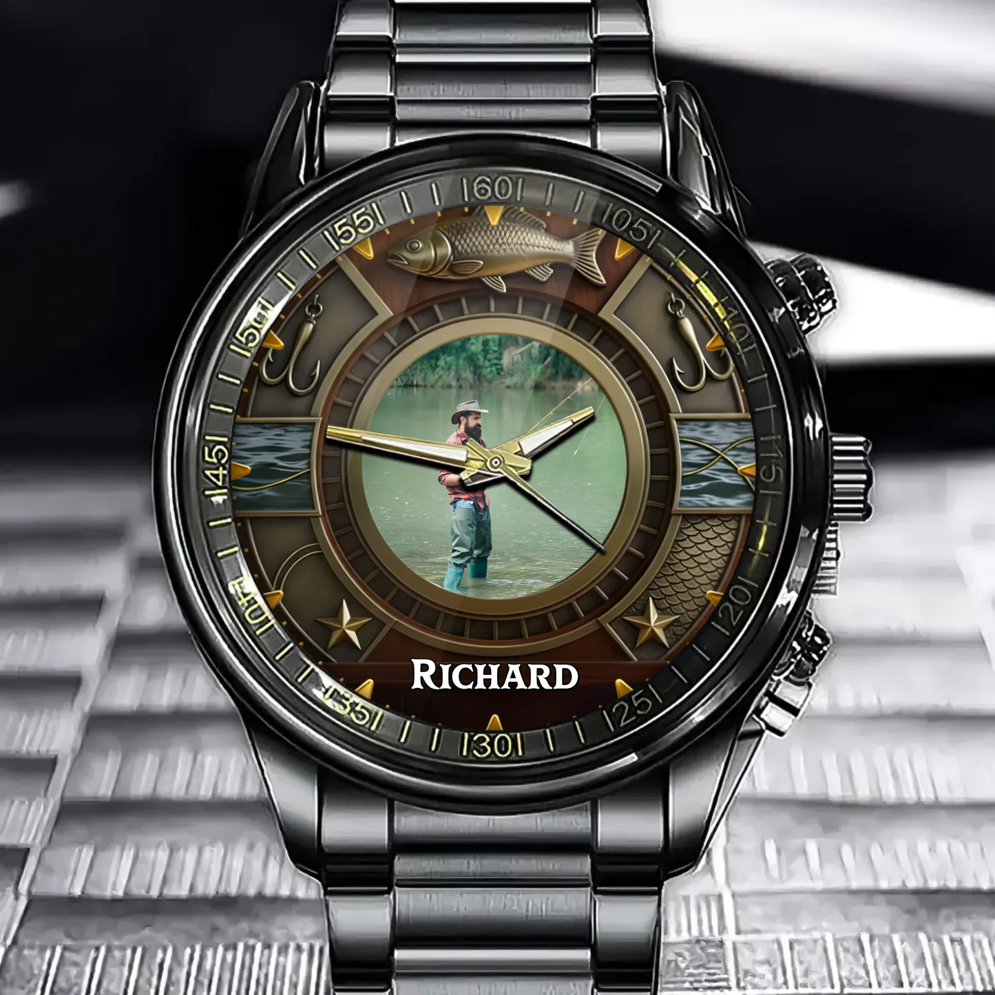 Personalized Custom Photo Fishing Watch - Angler & Fish Theme with Custom Name