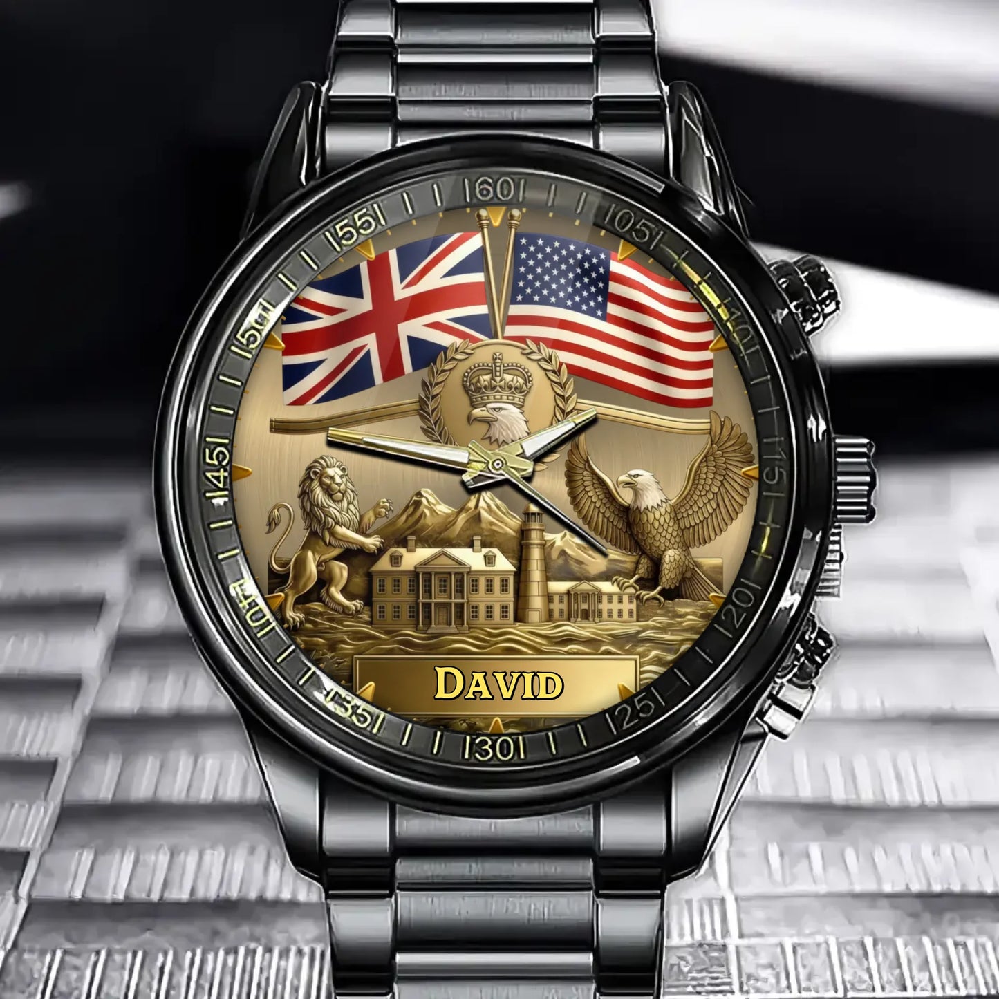Personalized Dual Flags Watch with Custom Lion and Eagle Design for British Americans