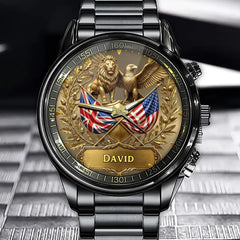 Custom Lion & Eagle Watch with Personalized Dual Flags Design for British Americans