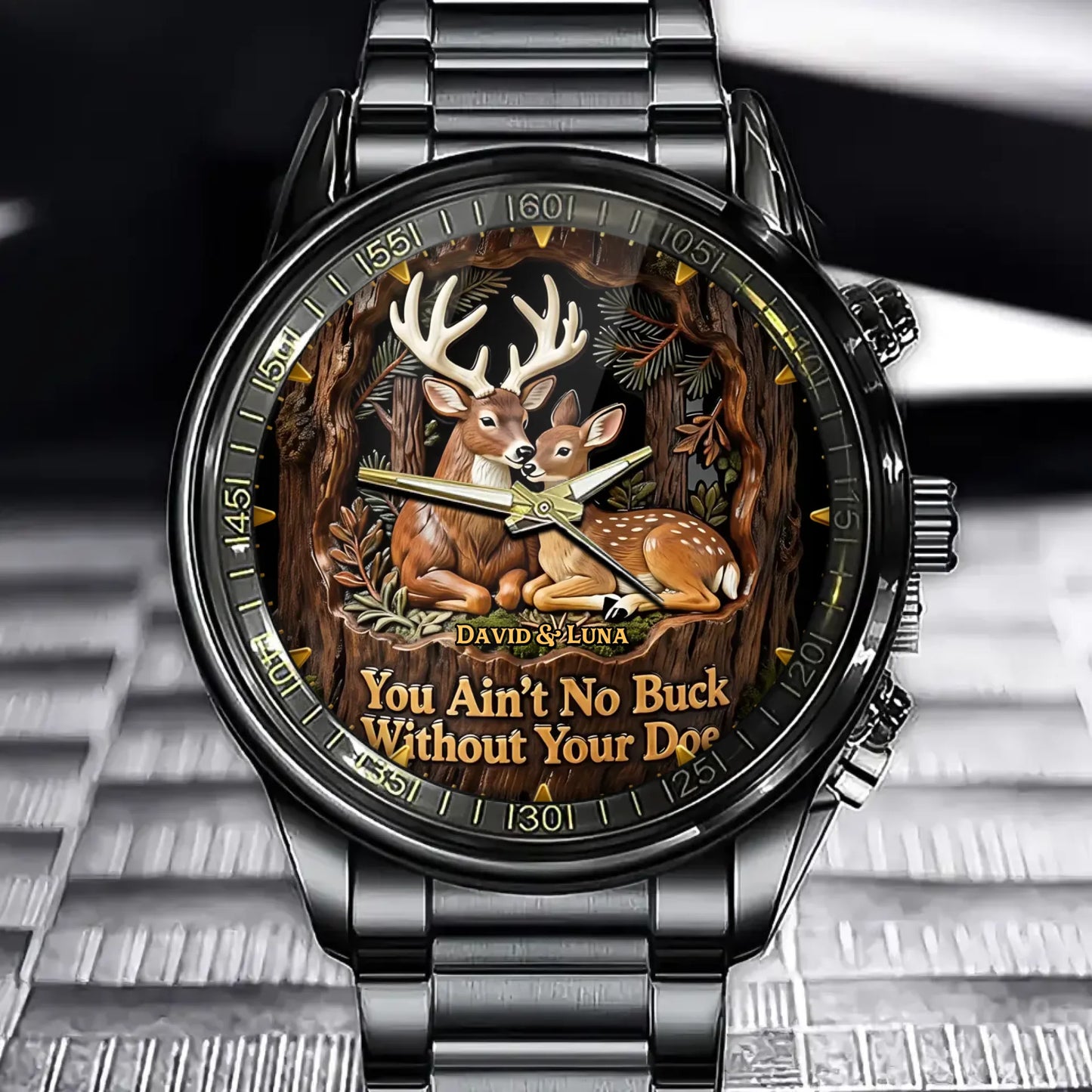 Personalized Deer Couple Watch,- Custom Woodland Dial Design