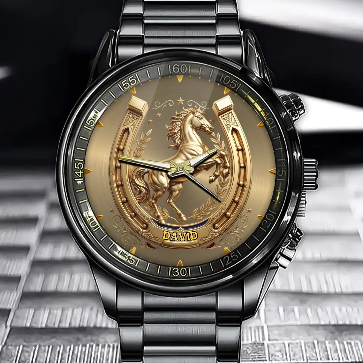 Personalized Golden Stallion Watch - Custom Name Luxury Timepiece for Horse Lovers