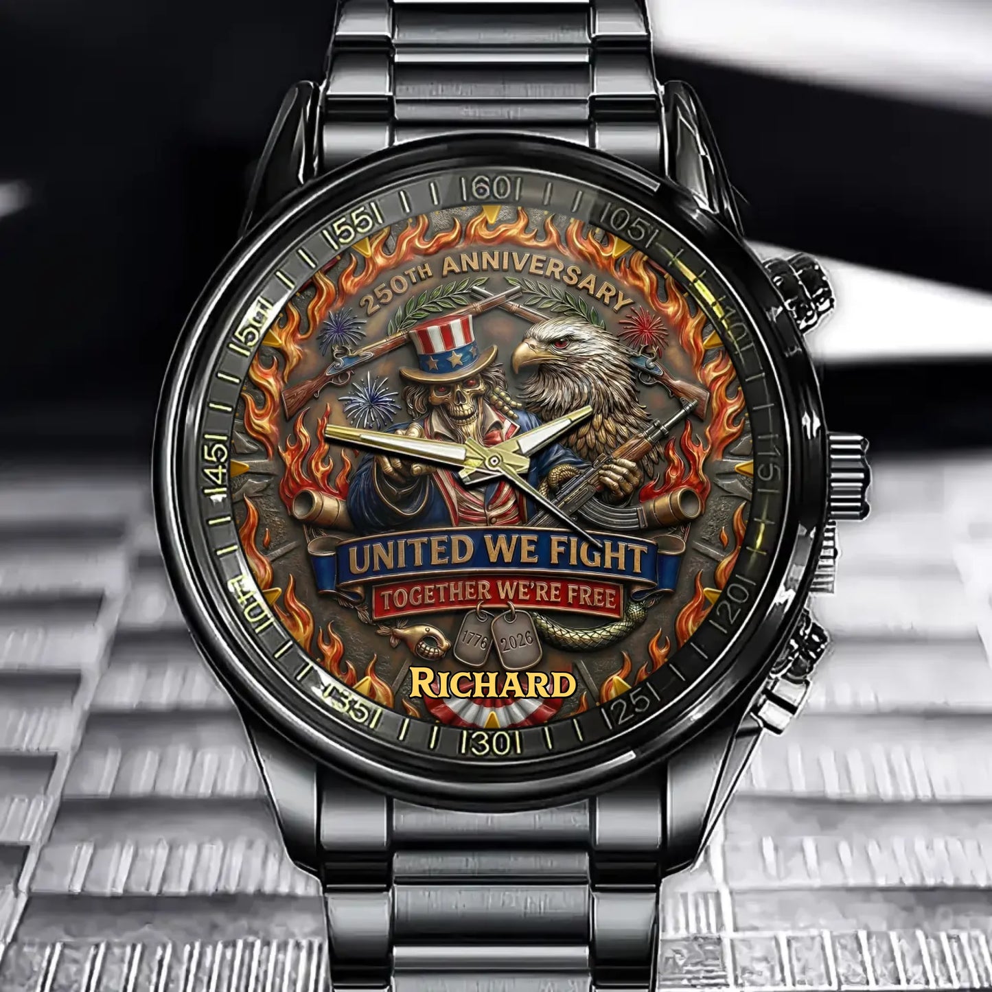 Personalized 250th Anniversary Patriotic Watch-With Custom Name Engraved Eagle & Skull Art