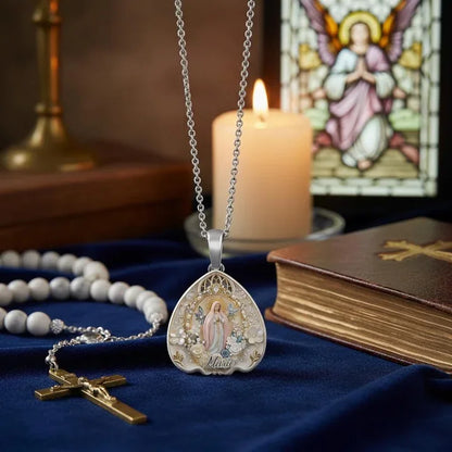 Personalized Catholic Virgin Mary Necklace – Custom Name Teardrop Pendant