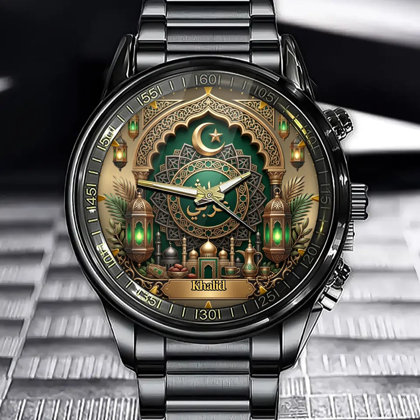Personalized Arabic Heritage Watch – Custom Name & Color With Crescent Moon & Mosque Motif
