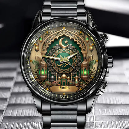Personalized Arabic Heritage Watch – Custom Name & Color With Crescent Moon & Mosque Motif