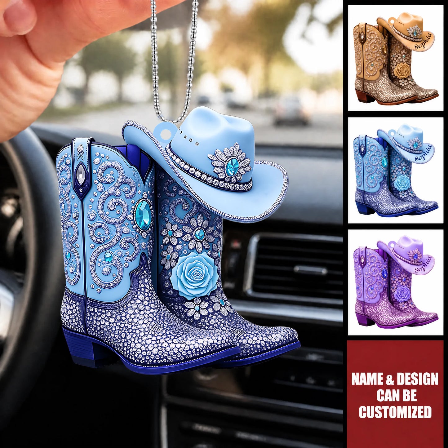 Custom Acrylic Car Hanging Ornament - Personalized Cowgirl Boots Name Charm Gift For Her, Western Style Car Accessories