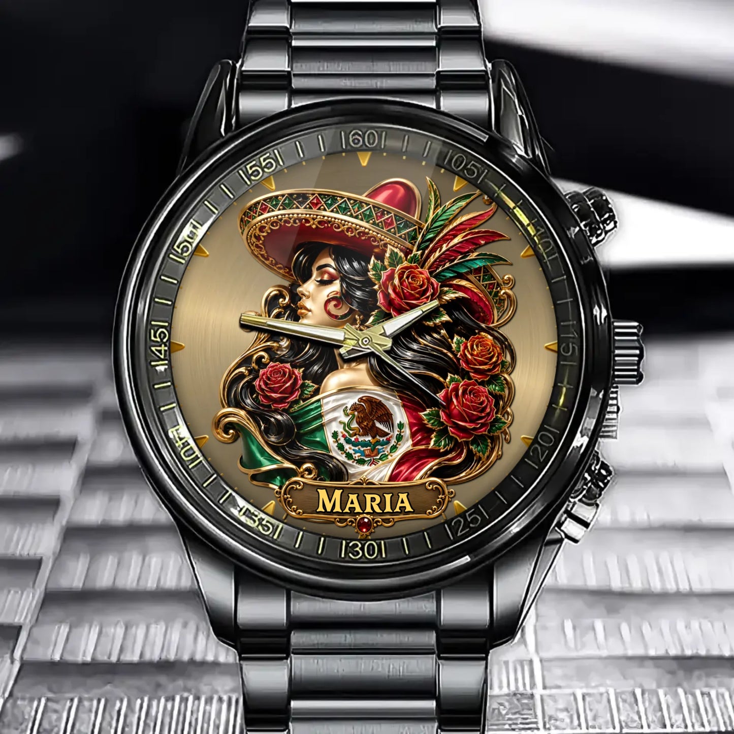 Custom Watch - Personalized Mexican Woman Rose Art Watch, Mexico Pride Gift For Her