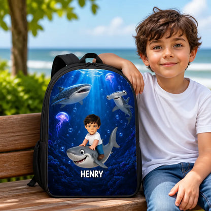 Custom Shark Ocean Kids Backpack - Personalized Name And Photo Cartoon Character Design Back To School Gift