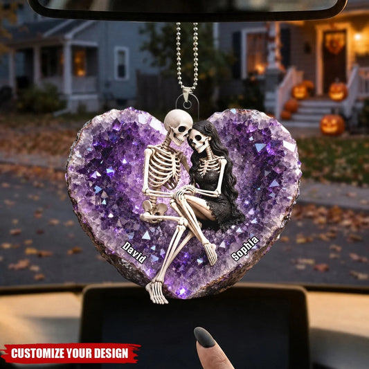 Custom Acrylic Skeleton Couple Car Ornament - Personalized Halloween Gifts For Couples - Love Beyond The Grave