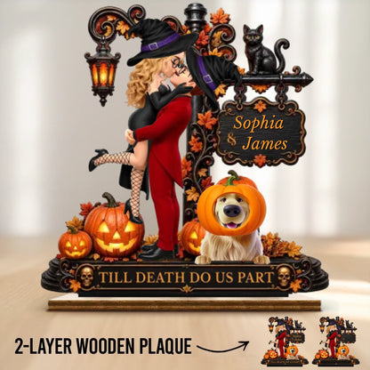 Custom 2-Layered Wooden Plaque - Personalized Halloween Decor Anniversary Wedding Gifts For Husband And Wife, Dog Cat Lovers - Spooky Hearts And Paws