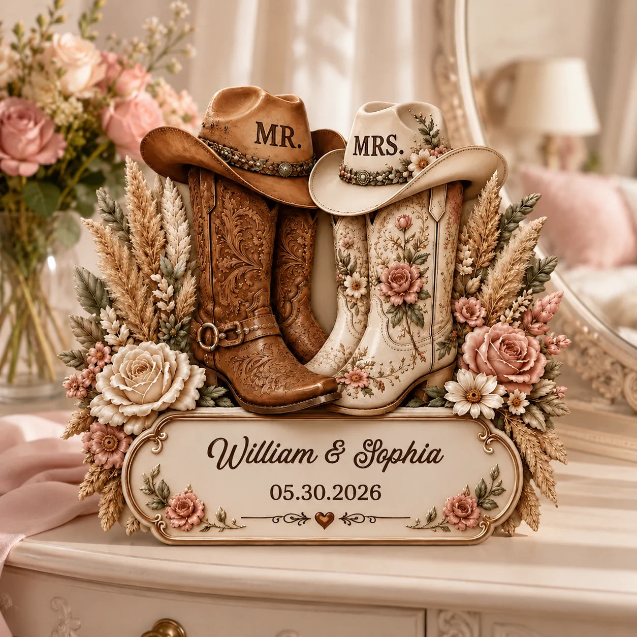 Custom Cowboy Boots Wooden Plaque - Personalized Wedding Gifts For Couples - Two Hearts, One Trail