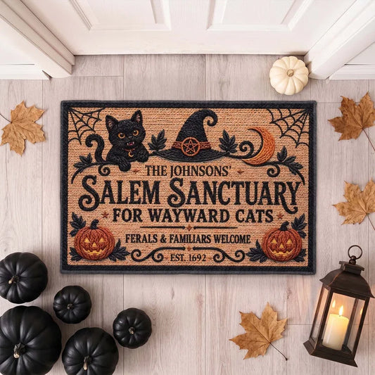 Custom Salem Cat Doormat - Personalized Halloween Home Decor - Wayward Cats Welcome