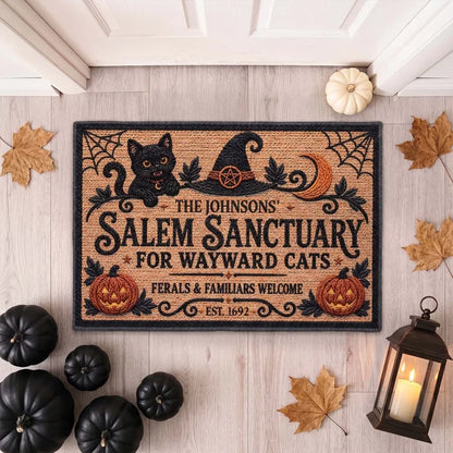Custom Salem Cat Doormat - Personalized Halloween Home Decor - Wayward Cats Welcome