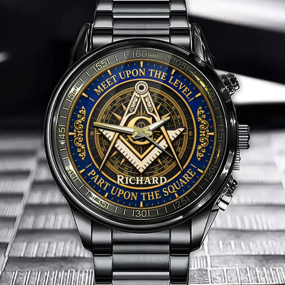 Custom Masonic Watch - Personalized Freemason Gifts For Men - Meet Upon The Level, Part Upon The Square
