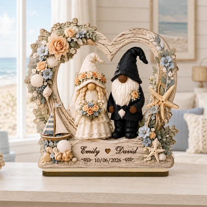 Custom Coastal Gnome Wooden Plaque - Personalized Wedding Gifts For Couples - Love By The Sea
