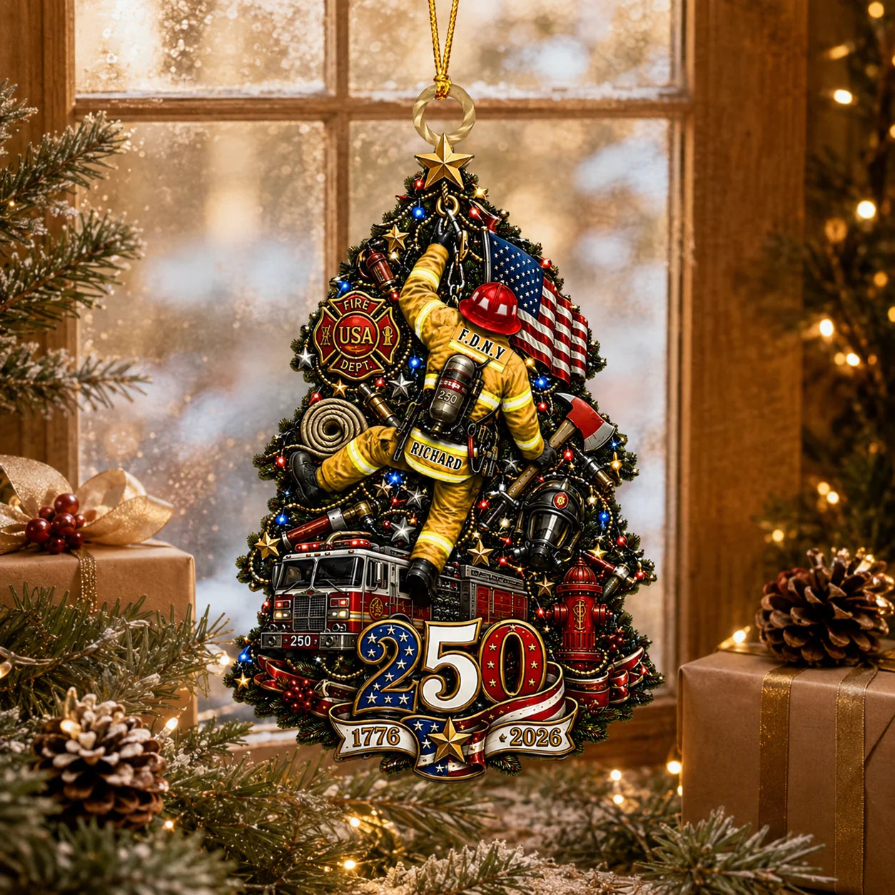 Custom Firefighter Christmas Acrylic Ornament - Personalized USA 250th Anniversary Gifts - Courage Through 250 Years