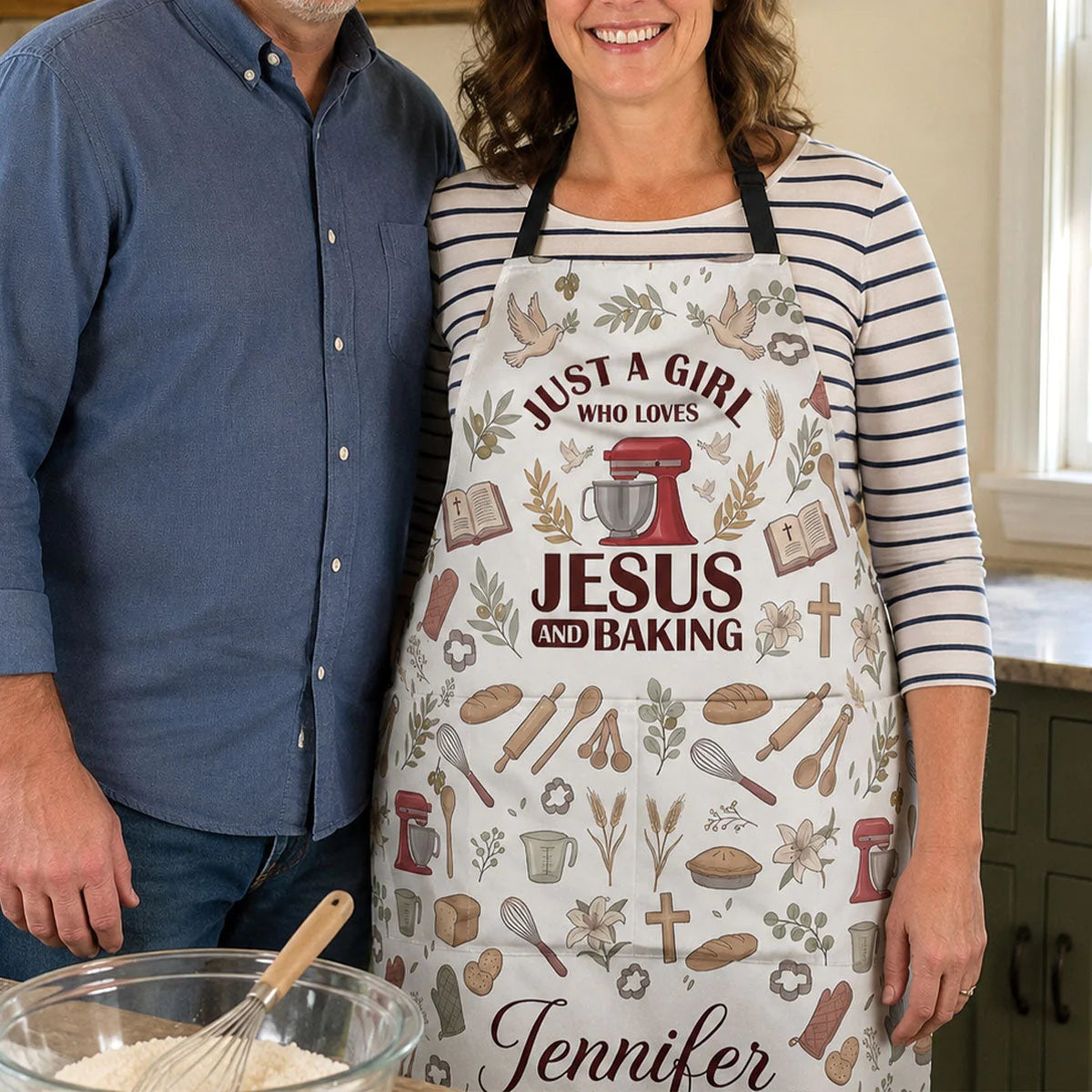 Custom Jesus Baking Apron - Personalized Gifts For Christian Bakers - Faith, Flour & Love