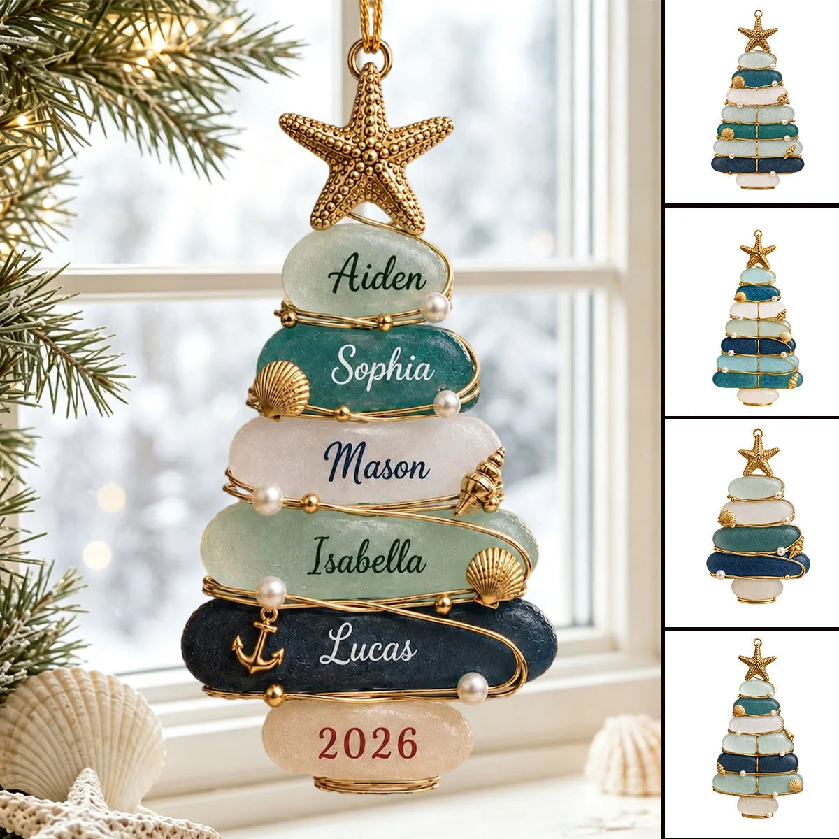 Custom Sea Glass Christmas Tree Acrylic Ornament - Personalized Family Gifts - Christmas By The Sea