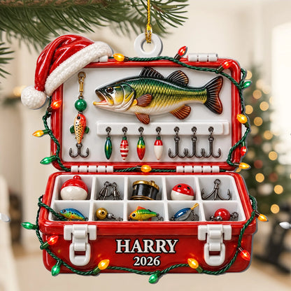 Custom Fishing Tackle Box Acrylic Ornament - Personalized Name Gift For Fishermen - Hooked On Christmas