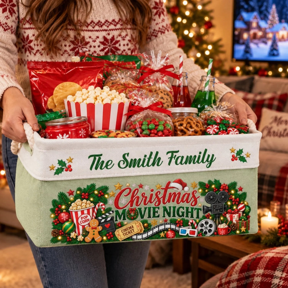 Christmas-Movie-Night-Basket-Supplies-Snack-Storage-Basket-With-Handles-Personalized-Storage-Basket-