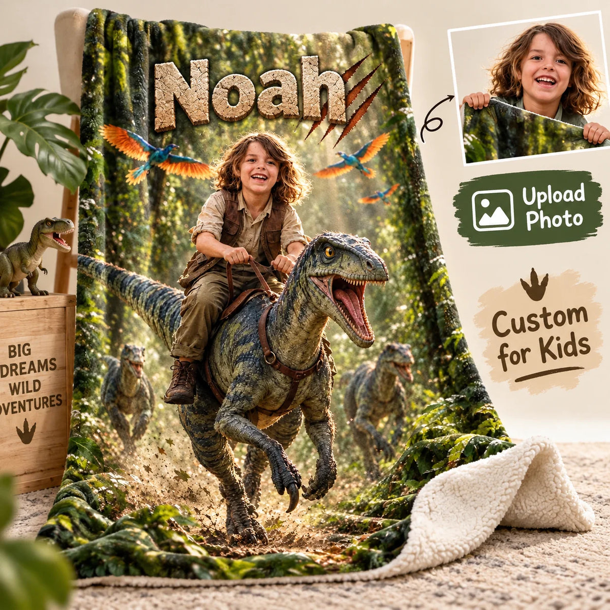 Custom Photo Dinosaur Blanket - Personalized Name & Dino Adventure Gift for Kids