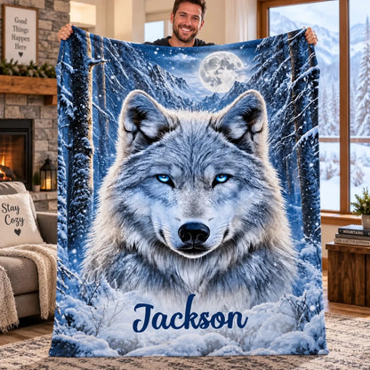 Personalized Winter Wolf Blanket - Custom Name Moonlight Snow Wolf Blanket - Gift For Wolf Lovers