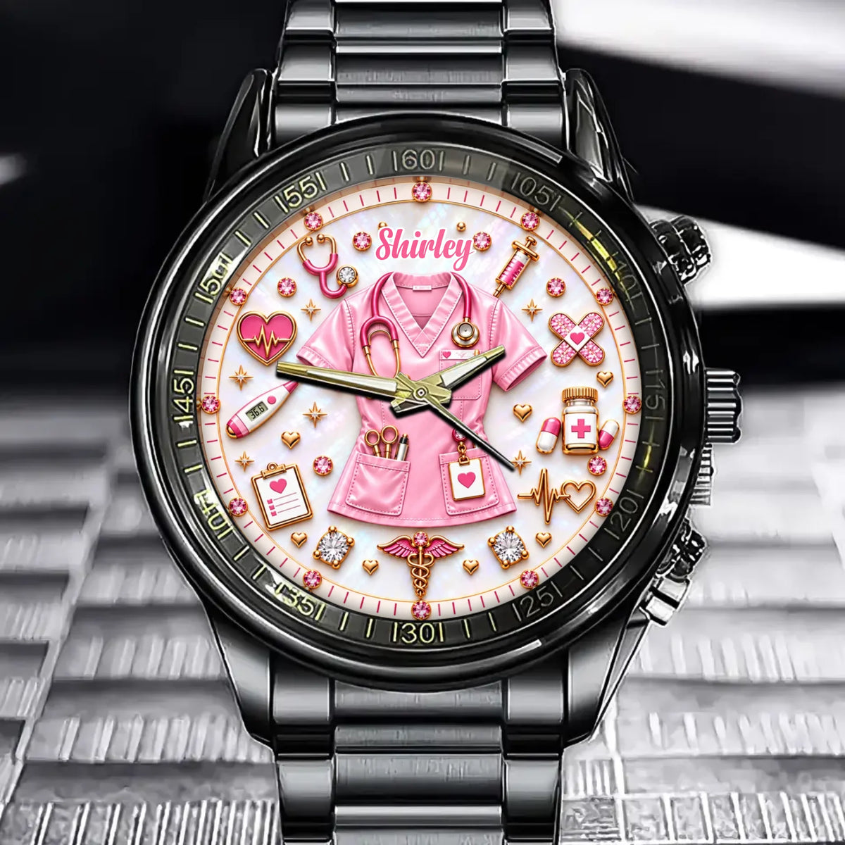 Personalized Nurse Watch - Custom Name Pink Nursing Uniform Art Watch - Gift For Nurses & Medical Workers