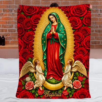 Custom Our Lady Of Guadalupe Blanket - Personalized Name Gift For Catholics - Surrounded By Roses And Grace