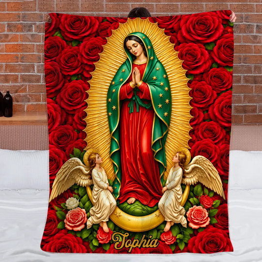 Custom Our Lady Of Guadalupe Blanket - Personalized Name Gift For Catholics - Surrounded By Roses And Grace