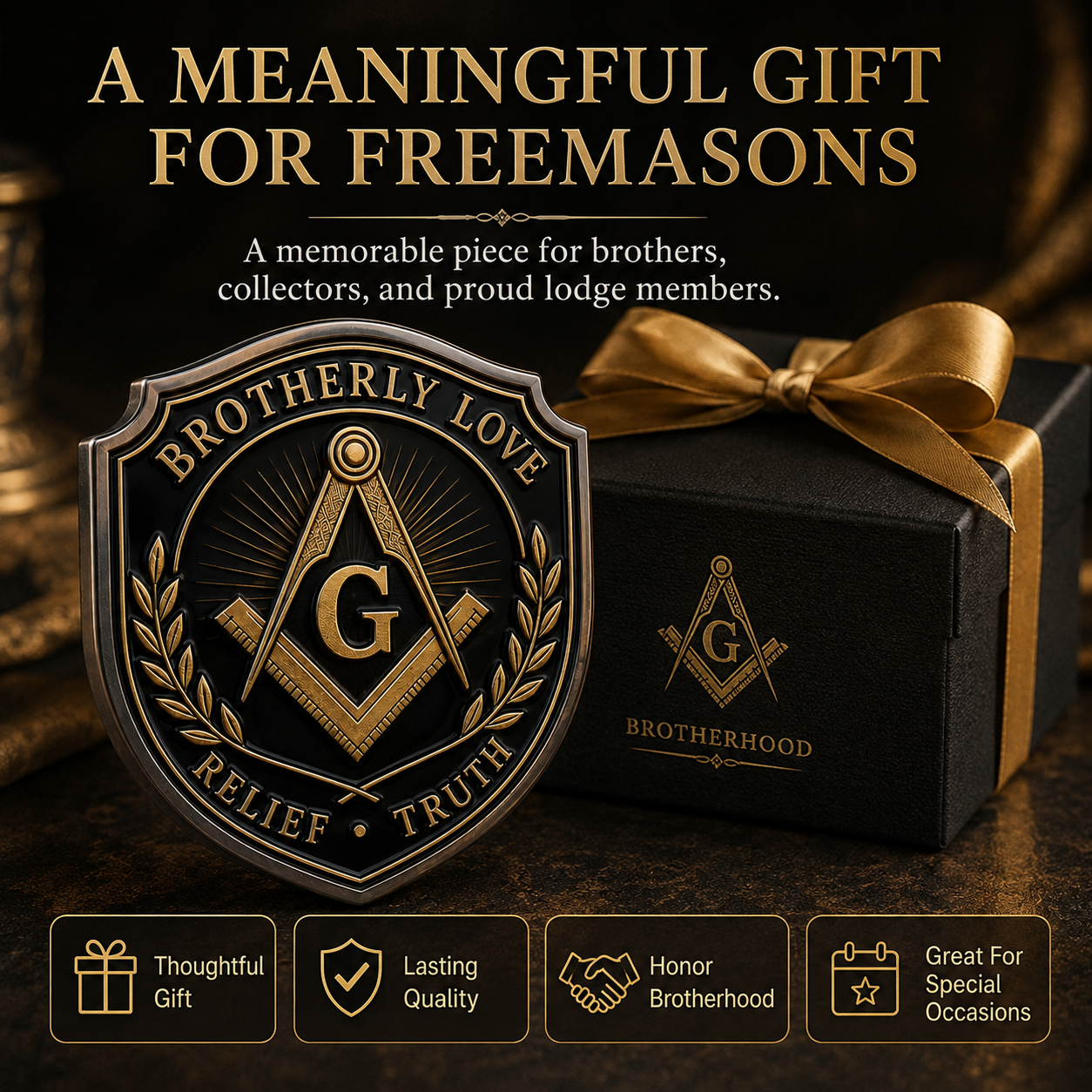 Freemason Metal Car Emblem – Brotherhood, Relief & Truth Masonic Badge for Cars, Trucks & Toolboxes