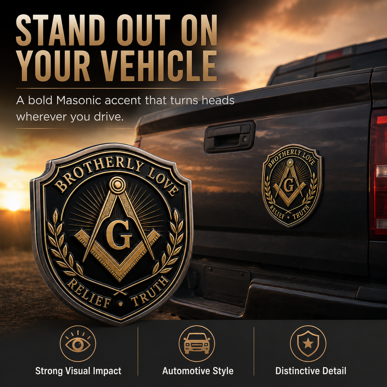 Freemason Metal Car Emblem – Brotherhood, Relief & Truth Masonic Badge for Cars, Trucks & Toolboxes