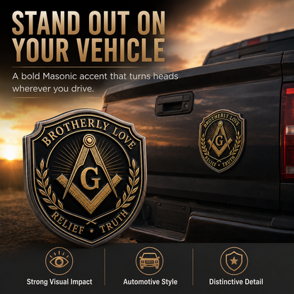 Freemason Metal Car Emblem – Brotherhood, Relief & Truth Masonic Badge for Cars, Trucks & Toolboxes